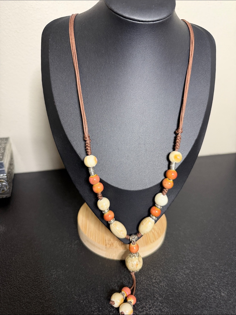 Handcrafted Brown Cord Necklace Cream Orange Ceramic Beads Adjustable